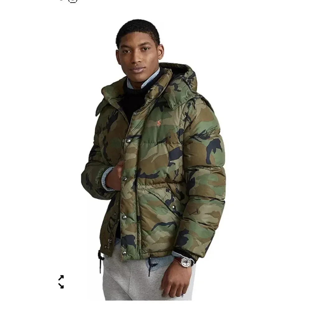 Polo Ralph Lauren Camo Down Fill Puffer Hood Detaches Orange Pony Large NEW - Picture 1 of 10
